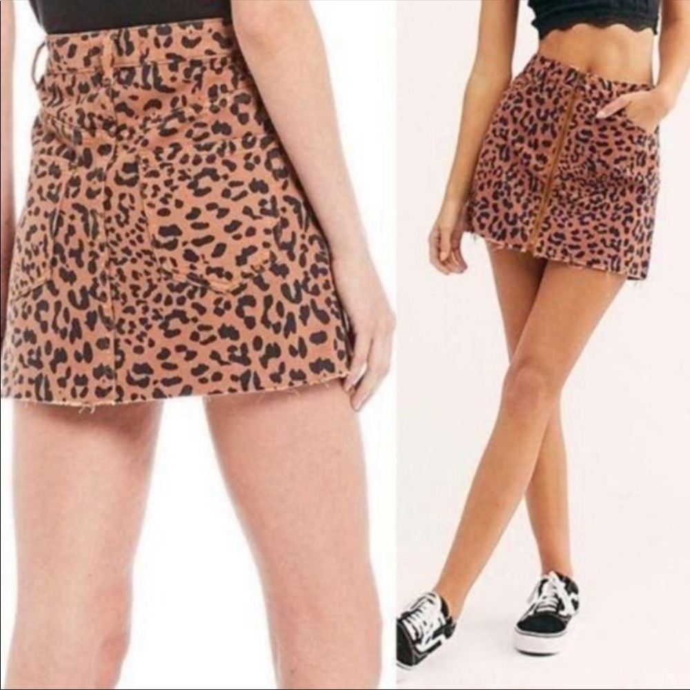 Free People Zip it Up Leopard denim mini